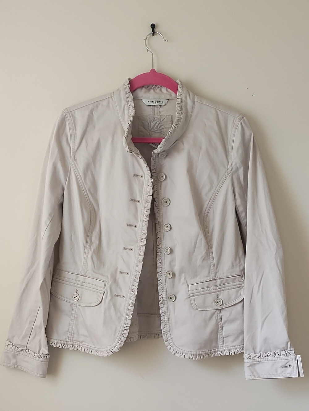 White House Black Market Cream Ruffle-Trim Button Blazer